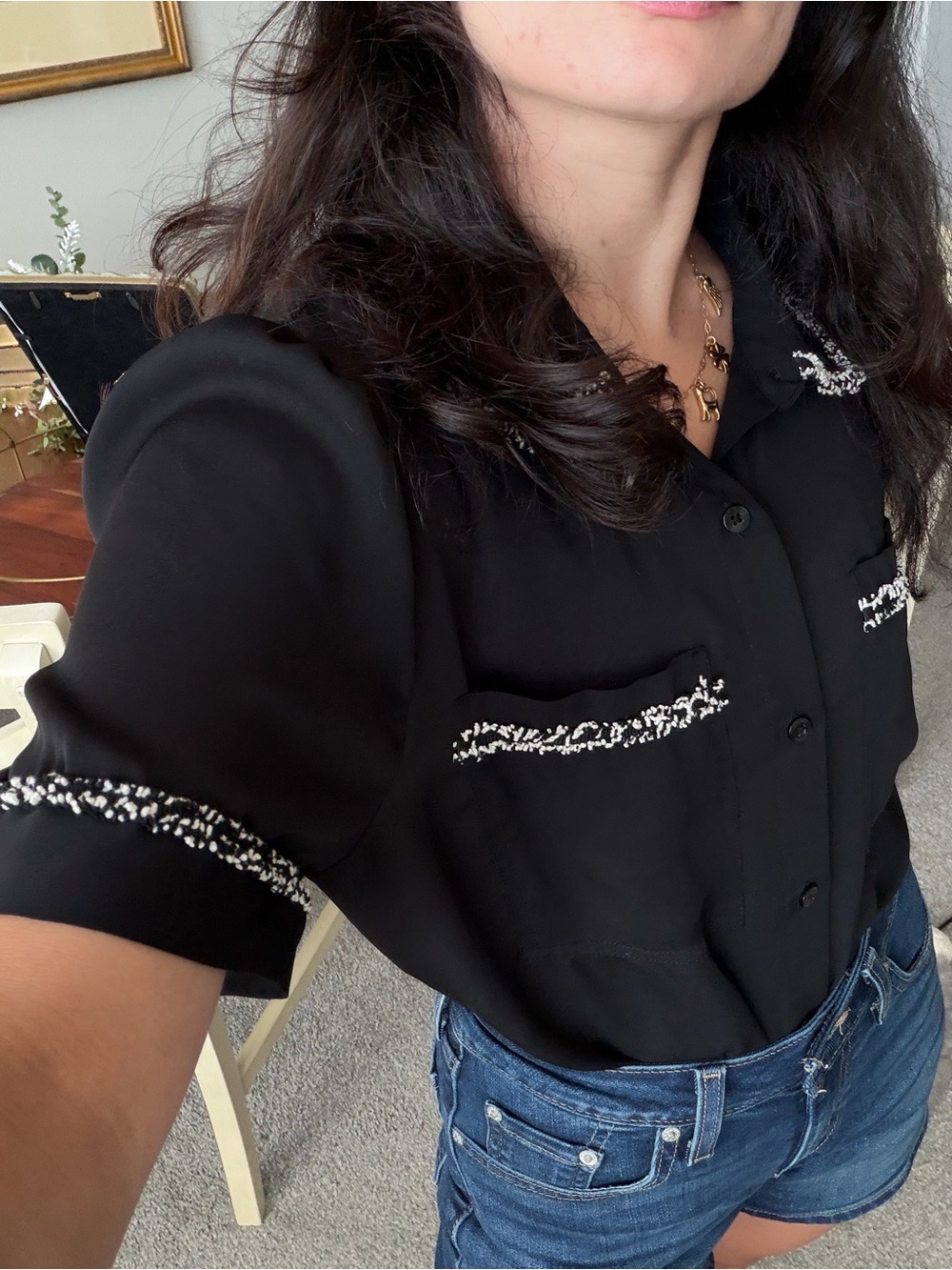 Black Embroidered Pocket Shirt - Women